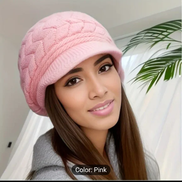 Winter Beanie With Brim, Solid Color Ribbed Knit Hat, Faux Fur Lining - Picture 3 of 9